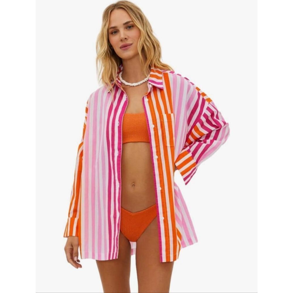 Beach Riot Pink & Orange Stripe Pajama Style Swimsuit Cover Up sz PL EUC
